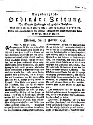 Augsburgische ordinäre Zeitung von Staats-Handlungs- und gelehrten Neuigkeiten (Augsburger Abendzeitung) Mittwoch 28. Februar 1798