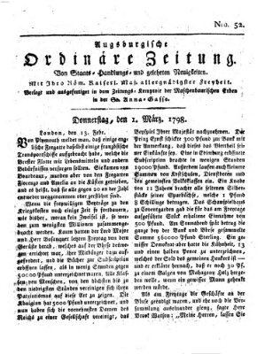 Augsburgische ordinäre Zeitung von Staats-Handlungs- und gelehrten Neuigkeiten (Augsburger Abendzeitung) Donnerstag 1. März 1798