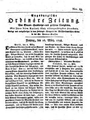 Augsburgische ordinäre Zeitung von Staats-Handlungs- und gelehrten Neuigkeiten (Augsburger Abendzeitung) Freitag 16. März 1798