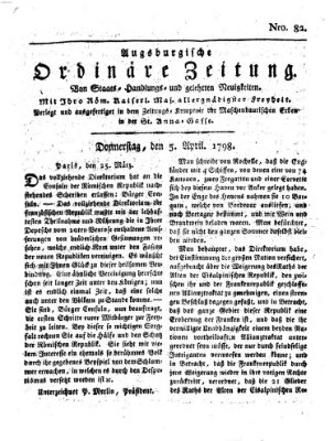 Augsburgische ordinäre Zeitung von Staats-Handlungs- und gelehrten Neuigkeiten (Augsburger Abendzeitung) Donnerstag 5. April 1798