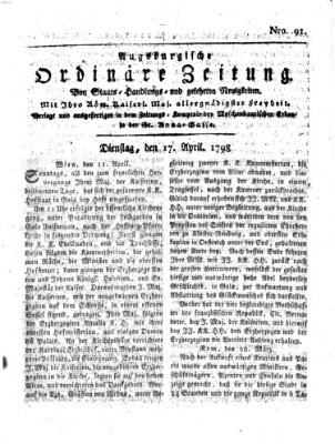 Augsburgische ordinäre Zeitung von Staats-Handlungs- und gelehrten Neuigkeiten (Augsburger Abendzeitung) Dienstag 17. April 1798