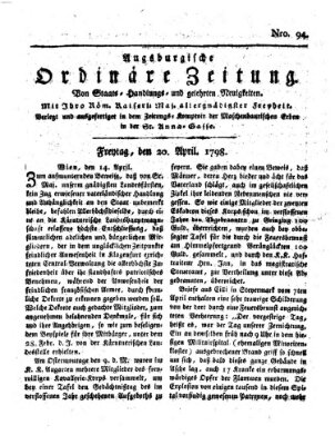 Augsburgische ordinäre Zeitung von Staats-Handlungs- und gelehrten Neuigkeiten (Augsburger Abendzeitung) Freitag 20. April 1798