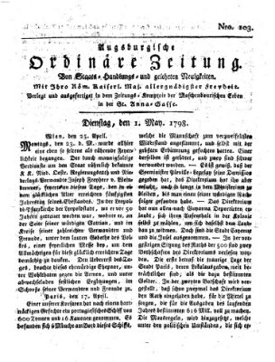 Augsburgische ordinäre Zeitung von Staats-Handlungs- und gelehrten Neuigkeiten (Augsburger Abendzeitung) Dienstag 1. Mai 1798