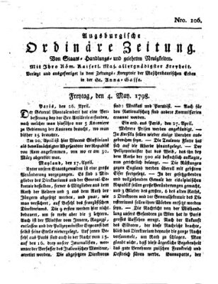 Augsburgische ordinäre Zeitung von Staats-Handlungs- und gelehrten Neuigkeiten (Augsburger Abendzeitung) Freitag 4. Mai 1798