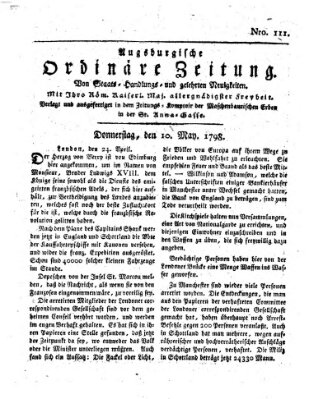 Augsburgische ordinäre Zeitung von Staats-Handlungs- und gelehrten Neuigkeiten (Augsburger Abendzeitung) Donnerstag 10. Mai 1798