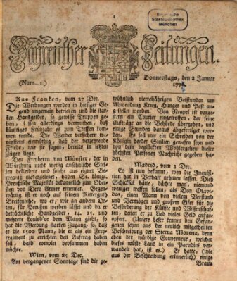 Bayreuther Zeitung Donnerstag 2. Januar 1777