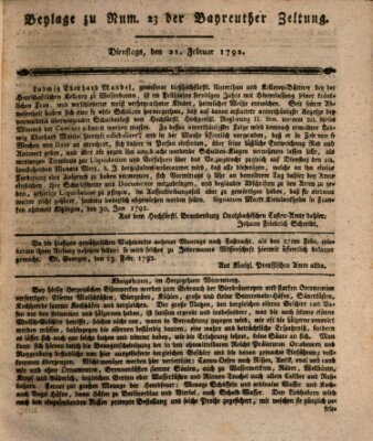 Bayreuther Zeitung Dienstag 21. Februar 1792