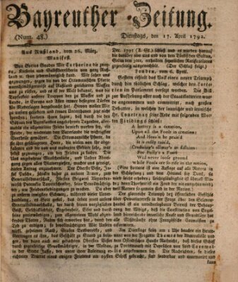 Bayreuther Zeitung Dienstag 17. April 1792