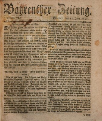 Bayreuther Zeitung Dienstag 12. Juni 1792