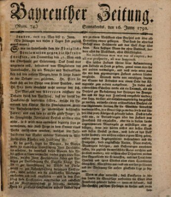 Bayreuther Zeitung Samstag 16. Juni 1792