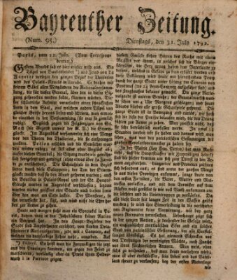 Bayreuther Zeitung Dienstag 31. Juli 1792