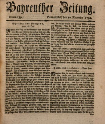 Bayreuther Zeitung Samstag 10. November 1792