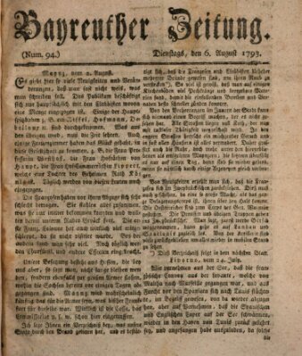 Bayreuther Zeitung Dienstag 6. August 1793