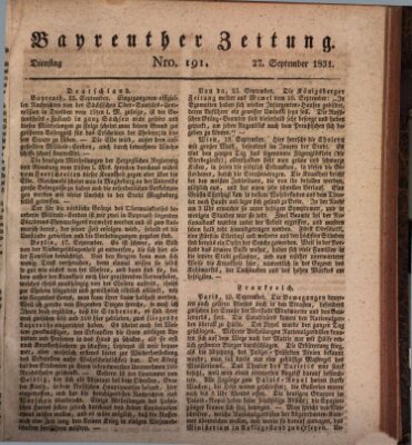 Bayreuther Zeitung Dienstag 27. September 1831