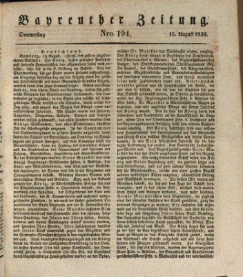 Bayreuther Zeitung Donnerstag 15. August 1839