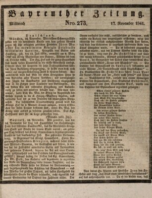 Bayreuther Zeitung Mittwoch 17. November 1841