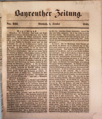 Bayreuther Zeitung Mittwoch 1. Oktober 1845