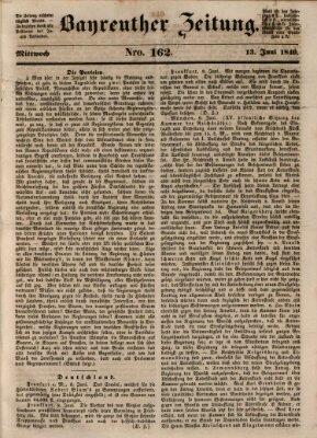 Bayreuther Zeitung Mittwoch 13. Juni 1849