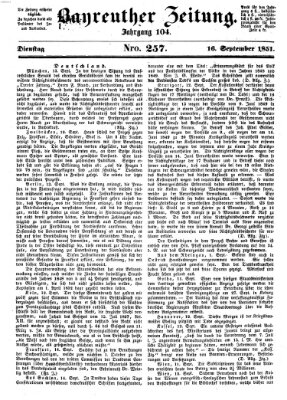 Bayreuther Zeitung Dienstag 16. September 1851