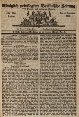 Königlich privilegirte Berlinische Zeitung von Staats- und gelehrten Sachen (Berlinische privilegirte Zeitung) Freitag 15. September 1848