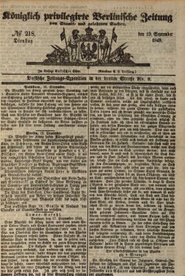 Königlich privilegirte Berlinische Zeitung von Staats- und gelehrten Sachen (Berlinische privilegirte Zeitung) Dienstag 19. September 1848