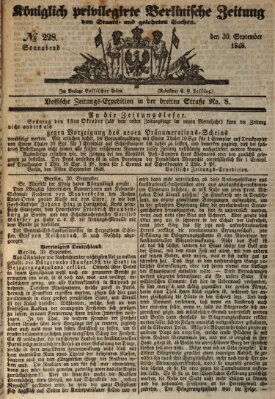 Königlich privilegirte Berlinische Zeitung von Staats- und gelehrten Sachen (Berlinische privilegirte Zeitung) Samstag 30. September 1848