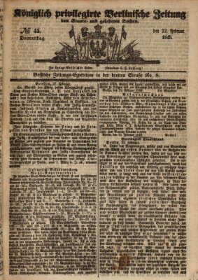 Königlich privilegirte Berlinische Zeitung von Staats- und gelehrten Sachen (Berlinische privilegirte Zeitung) Donnerstag 22. Februar 1849