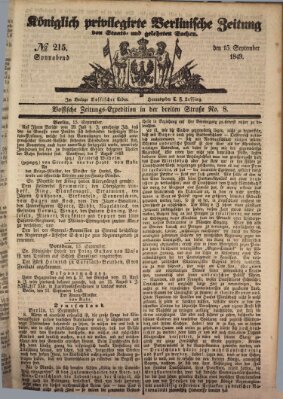 Königlich privilegirte Berlinische Zeitung von Staats- und gelehrten Sachen (Berlinische privilegirte Zeitung) Samstag 15. September 1849