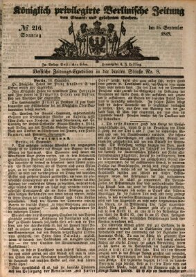 Königlich privilegirte Berlinische Zeitung von Staats- und gelehrten Sachen (Berlinische privilegirte Zeitung) Sonntag 16. September 1849