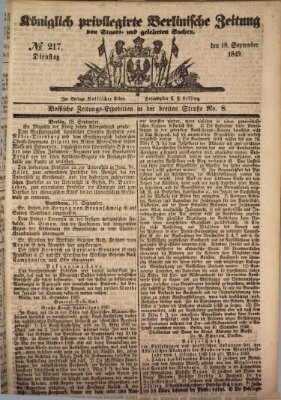 Königlich privilegirte Berlinische Zeitung von Staats- und gelehrten Sachen (Berlinische privilegirte Zeitung) Dienstag 18. September 1849