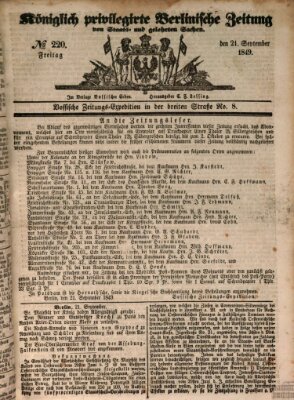 Königlich privilegirte Berlinische Zeitung von Staats- und gelehrten Sachen (Berlinische privilegirte Zeitung) Freitag 21. September 1849