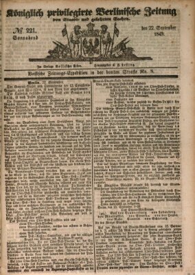 Königlich privilegirte Berlinische Zeitung von Staats- und gelehrten Sachen (Berlinische privilegirte Zeitung) Samstag 22. September 1849