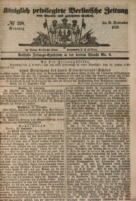 Königlich privilegirte Berlinische Zeitung von Staats- und gelehrten Sachen (Berlinische privilegirte Zeitung) Sonntag 30. September 1849