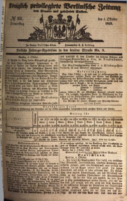 Königlich privilegirte Berlinische Zeitung von Staats- und gelehrten Sachen (Berlinische privilegirte Zeitung) Donnerstag 4. Oktober 1849