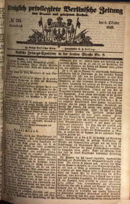 Königlich privilegirte Berlinische Zeitung von Staats- und gelehrten Sachen (Berlinische privilegirte Zeitung) Samstag 6. Oktober 1849