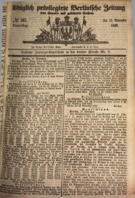 Königlich privilegirte Berlinische Zeitung von Staats- und gelehrten Sachen (Berlinische privilegirte Zeitung) Donnerstag 15. November 1849