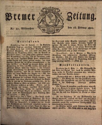 Bremer Zeitung Mittwoch 16. Februar 1820