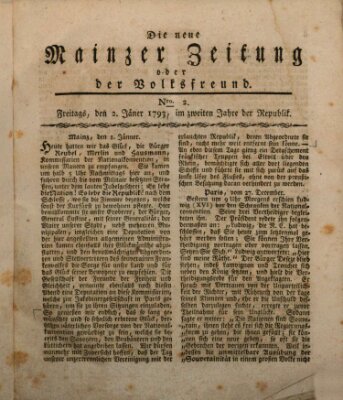 Die neue Mainzer Zeitung oder der Volksfreund Mittwoch 2. Januar 1793