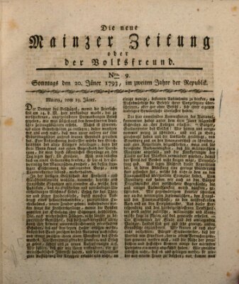Die neue Mainzer Zeitung oder der Volksfreund Sunday 20. January 1793