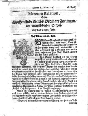 Mercurii Relation, oder wochentliche Reichs Ordinari Zeitungen, von underschidlichen Orthen (Süddeutsche Presse) Sonntag 28. April 1680