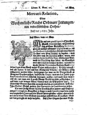 Mercurii Relation, oder wochentliche Reichs Ordinari Zeitungen, von underschidlichen Orthen (Süddeutsche Presse) Sonntag 26. Mai 1680