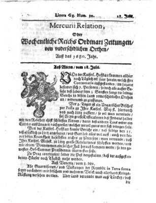 Mercurii Relation, oder wochentliche Reichs Ordinari Zeitungen, von underschidlichen Orthen (Süddeutsche Presse) Sonntag 28. Juli 1680