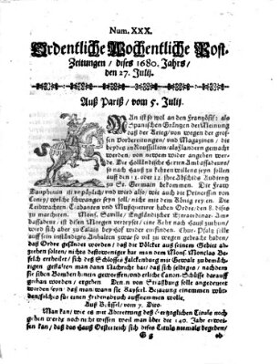 Ordentliche wochentliche Post-Zeitungen Samstag 27. Juli 1680