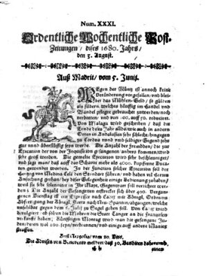 Ordentliche wochentliche Post-Zeitungen Samstag 3. August 1680