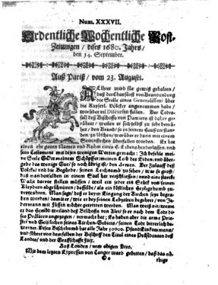 Ordentliche wochentliche Post-Zeitungen Samstag 14. September 1680