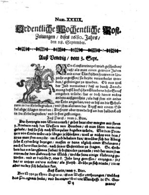 Ordentliche wochentliche Post-Zeitungen Samstag 28. September 1680