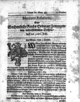 Mercurii Relation, oder wochentliche Reichs Ordinari Zeitungen, von underschidlichen Orthen (Süddeutsche Presse) Sonntag 13. Oktober 1680