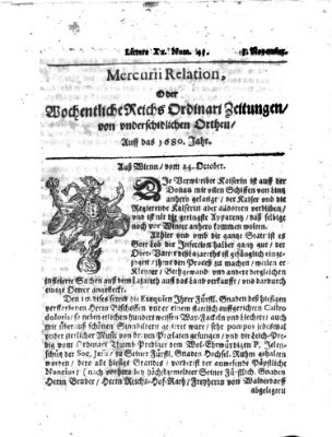 Mercurii Relation, oder wochentliche Reichs Ordinari Zeitungen, von underschidlichen Orthen (Süddeutsche Presse) Sonntag 3. November 1680