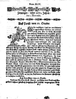 Ordentliche wochentliche Post-Zeitungen Samstag 2. November 1680