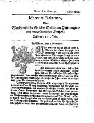 Mercurii Relation, oder wochentliche Reichs Ordinari Zeitungen, von underschidlichen Orthen (Süddeutsche Presse) Sonntag 17. November 1680